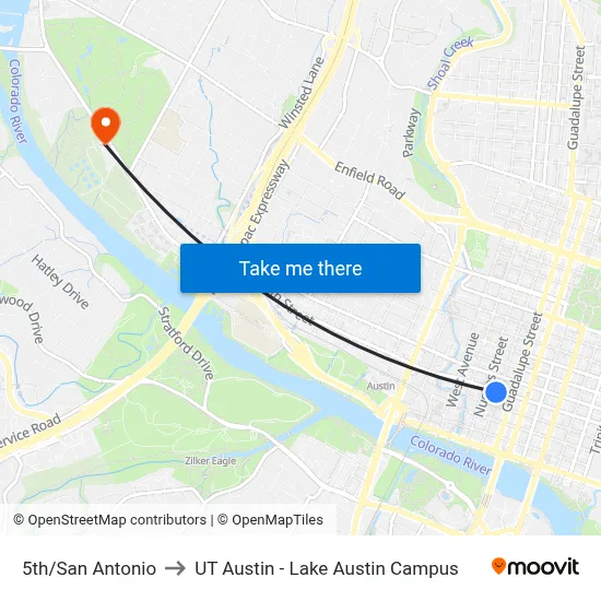 5th/San Antonio to UT Austin - Lake Austin Campus map