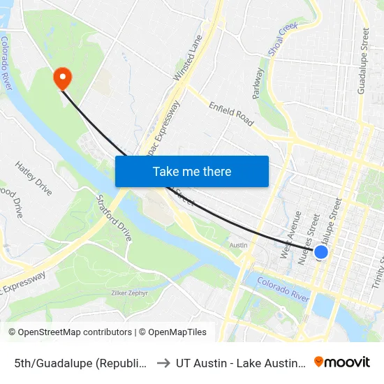 5th/Guadalupe (Republic Square) to UT Austin - Lake Austin Campus map