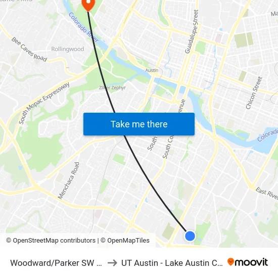 Woodward/Parker SW Corner to UT Austin - Lake Austin Campus map