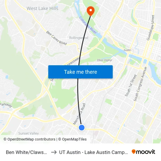 Ben White/Clawson to UT Austin - Lake Austin Campus map