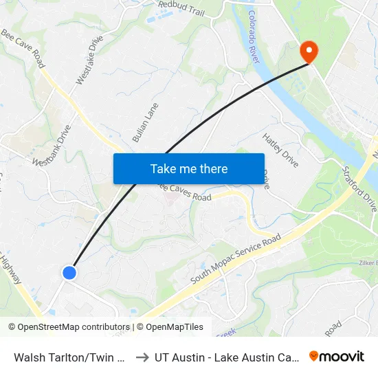 Walsh Tarlton/Twin Berry to UT Austin - Lake Austin Campus map