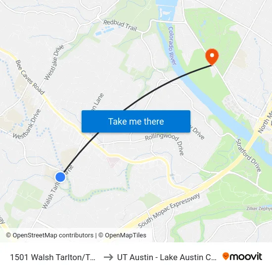 1501 Walsh Tarlton/Terrapin to UT Austin - Lake Austin Campus map