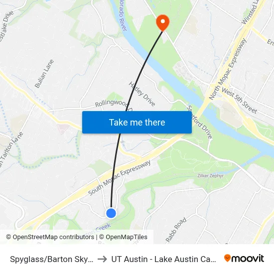 Spyglass/Barton Skyway to UT Austin - Lake Austin Campus map