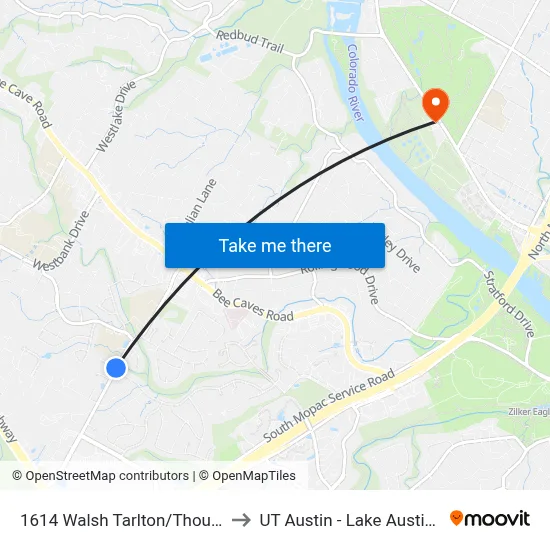 1614 Walsh Tarlton/Thousand Oaks to UT Austin - Lake Austin Campus map
