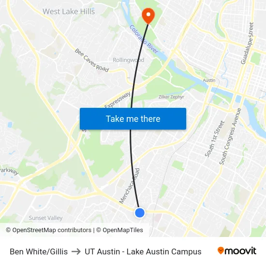 Ben White/Gillis to UT Austin - Lake Austin Campus map