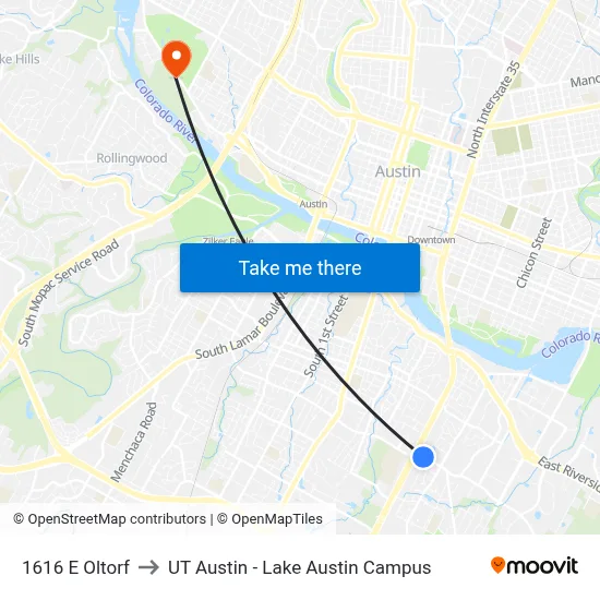 1616 E Oltorf to UT Austin - Lake Austin Campus map
