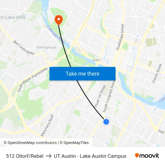 512 Oltorf/Rebel to UT Austin - Lake Austin Campus map