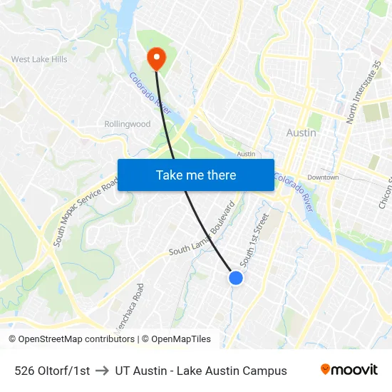 526 Oltorf/1st to UT Austin - Lake Austin Campus map