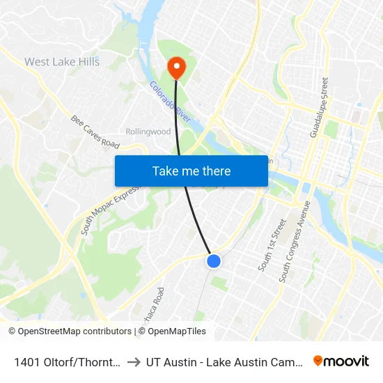 1401 Oltorf/Thornton to UT Austin - Lake Austin Campus map