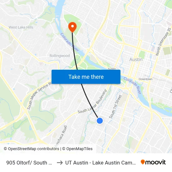 905 Oltorf/ South 5th to UT Austin - Lake Austin Campus map