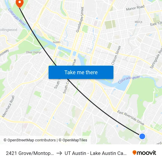 2421 Grove/Montopolis to UT Austin - Lake Austin Campus map