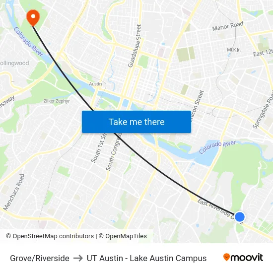 Grove/Riverside to UT Austin - Lake Austin Campus map
