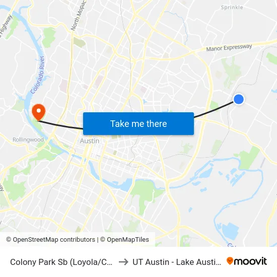 Colony Park Sb (Loyola/Colony Loop) to UT Austin - Lake Austin Campus map