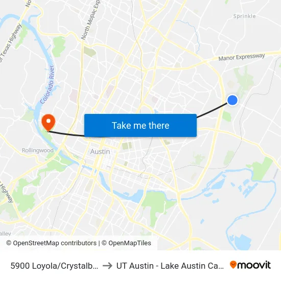 5900 Loyola/Crystalbrook to UT Austin - Lake Austin Campus map