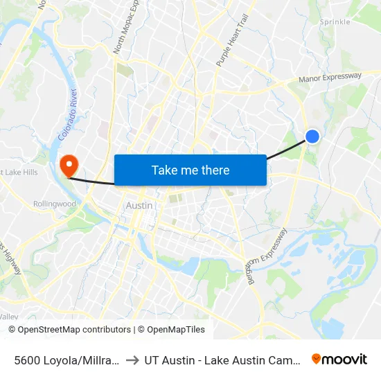 5600 Loyola/Millrace to UT Austin - Lake Austin Campus map