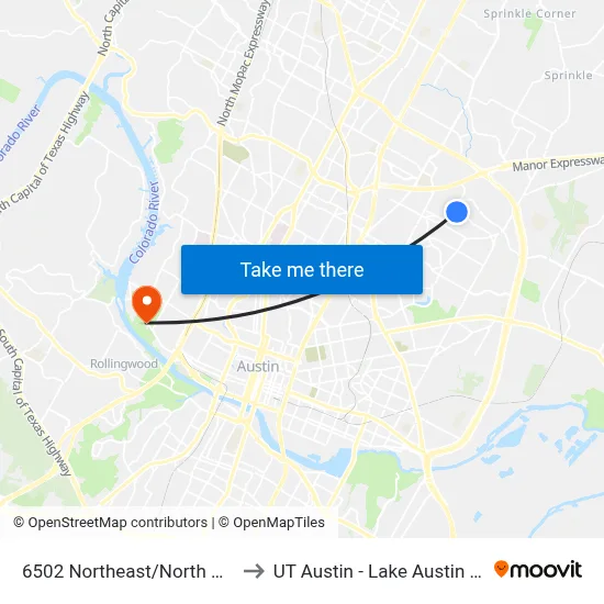 6502 Northeast/North Hampton to UT Austin - Lake Austin Campus map