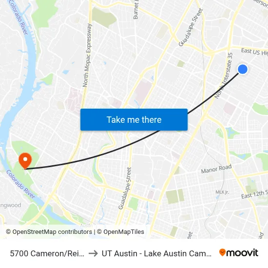 5700 Cameron/Reinli to UT Austin - Lake Austin Campus map
