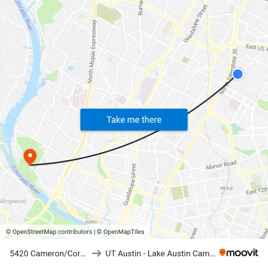 5420 Cameron/Corona to UT Austin - Lake Austin Campus map