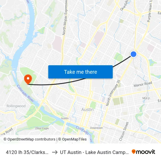 4120 Ih 35/Clarkson to UT Austin - Lake Austin Campus map