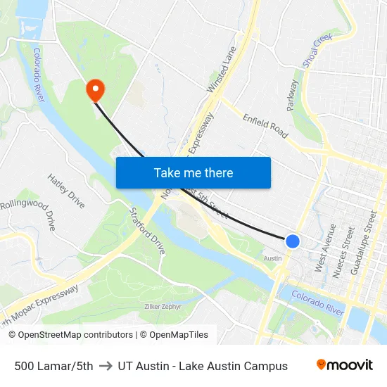 500 Lamar/5th to UT Austin - Lake Austin Campus map