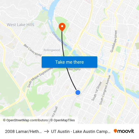 2008 Lamar/Hether to UT Austin - Lake Austin Campus map