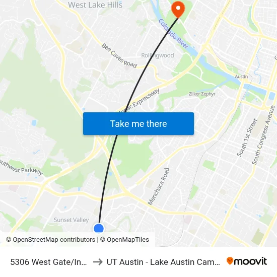 5306 West Gate/Indio to UT Austin - Lake Austin Campus map