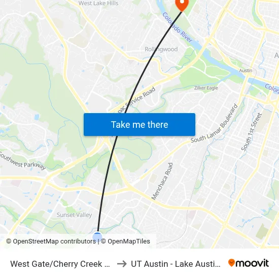 West Gate/Cherry Creek NW Corner to UT Austin - Lake Austin Campus map