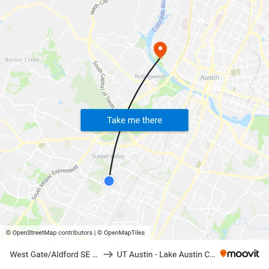 West Gate/Aldford SE Corner to UT Austin - Lake Austin Campus map