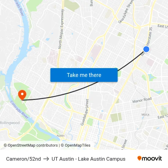 Cameron/52nd to UT Austin - Lake Austin Campus map