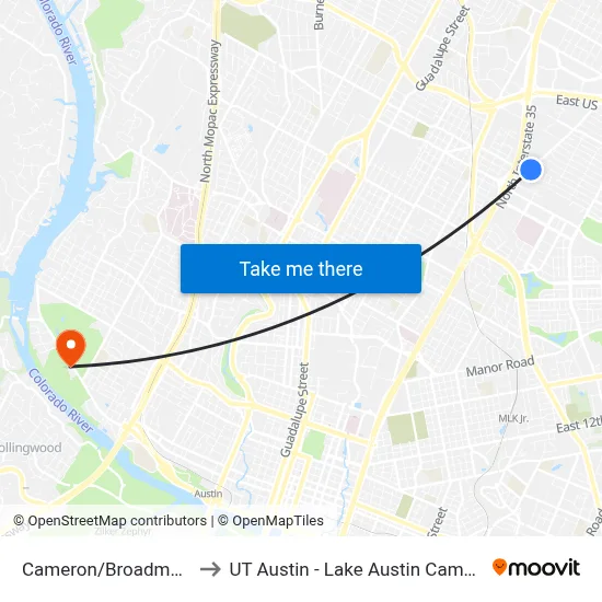 Cameron/Broadmoor to UT Austin - Lake Austin Campus map