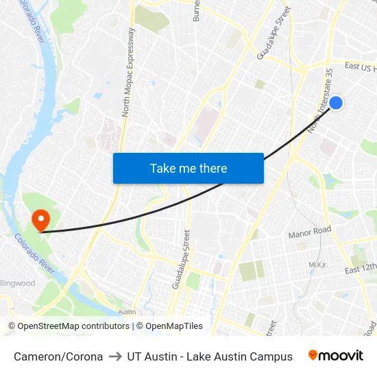 Cameron/Corona to UT Austin - Lake Austin Campus map