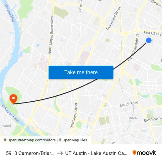 5913 Cameron/Briarcliff to UT Austin - Lake Austin Campus map