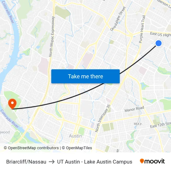 Briarcliff/Nassau to UT Austin - Lake Austin Campus map
