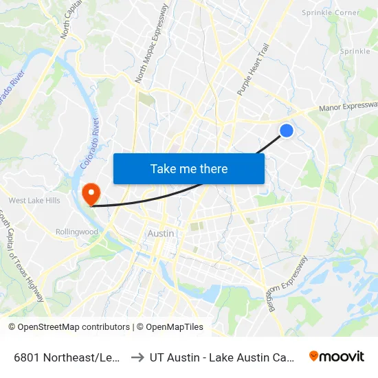 6801 Northeast/Lehigh to UT Austin - Lake Austin Campus map