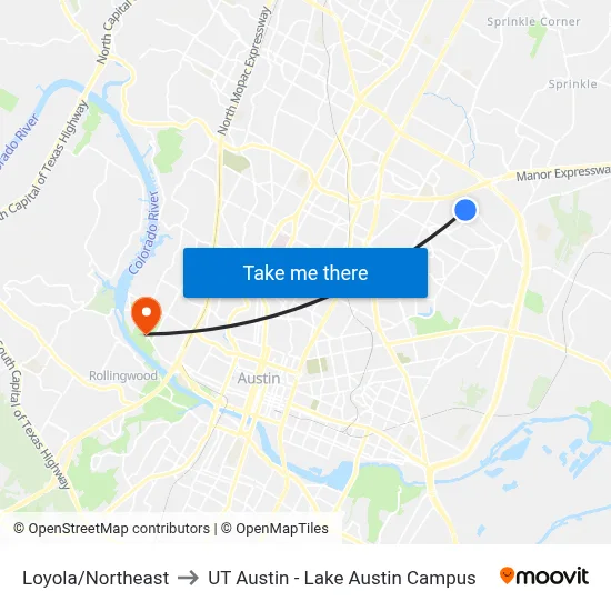 Loyola/Northeast to UT Austin - Lake Austin Campus map