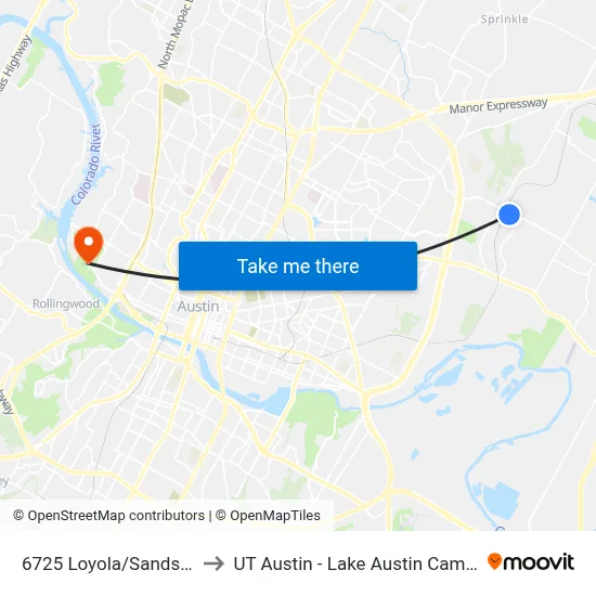 6725 Loyola/Sandshof to UT Austin - Lake Austin Campus map
