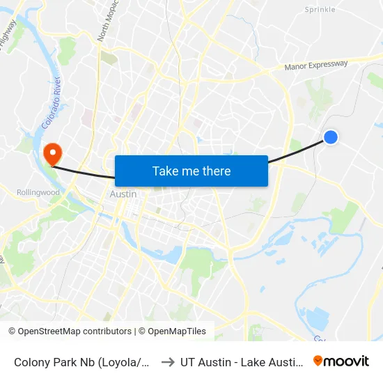 Colony Park Nb (Loyola/Cielo Vista) to UT Austin - Lake Austin Campus map