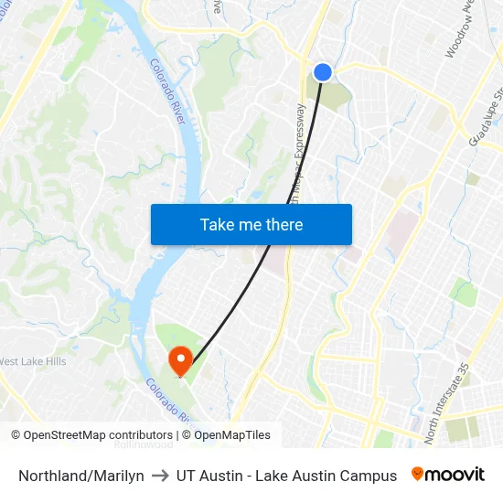 Northland/Marilyn to UT Austin - Lake Austin Campus map