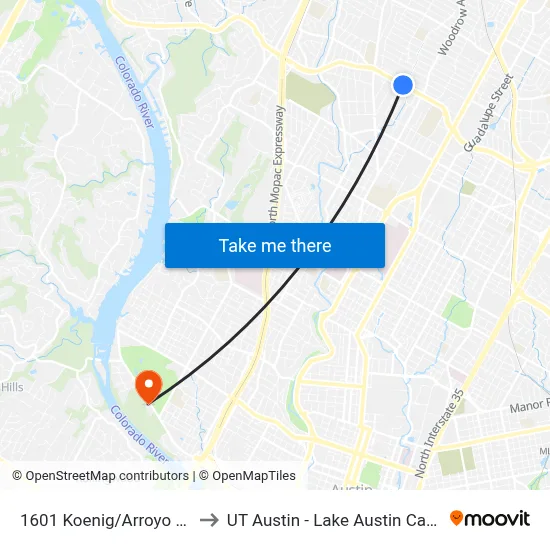 1601 Koenig/Arroyo Seco to UT Austin - Lake Austin Campus map