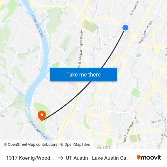 1317 Koenig/Woodrow to UT Austin - Lake Austin Campus map