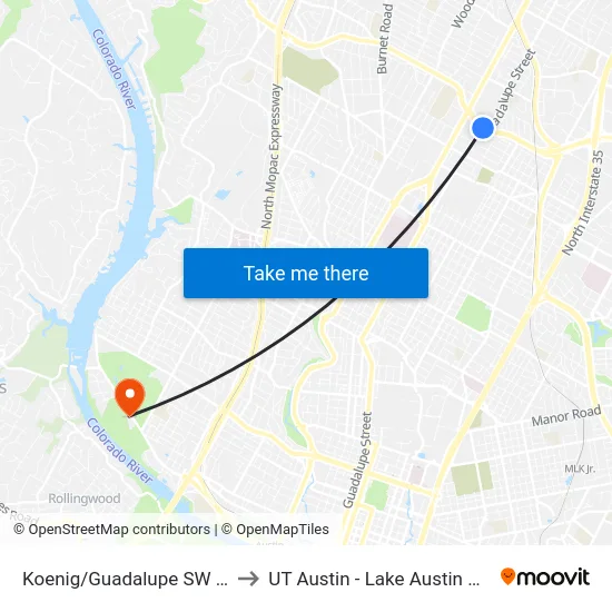 Koenig/Guadalupe SW Corner to UT Austin - Lake Austin Campus map