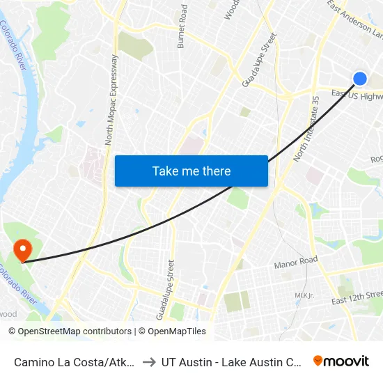 Camino La Costa/Atkinson to UT Austin - Lake Austin Campus map
