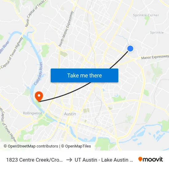 1823 Centre Creek/Cross Park to UT Austin - Lake Austin Campus map