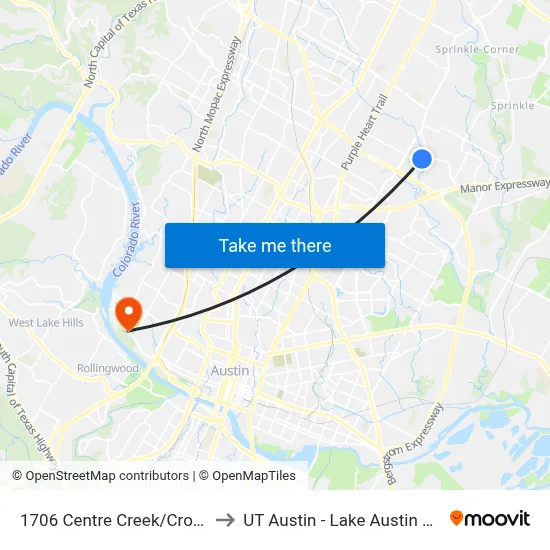 1706 Centre Creek/Cross Park to UT Austin - Lake Austin Campus map