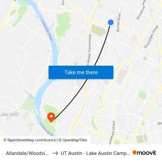 Allandale/Woodview to UT Austin - Lake Austin Campus map