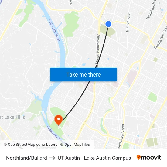Northland/Bullard to UT Austin - Lake Austin Campus map