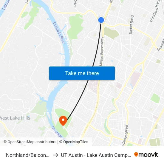 Northland/Balcones to UT Austin - Lake Austin Campus map