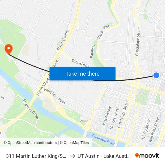 311 Martin Luther King/San Jacinto to UT Austin - Lake Austin Campus map
