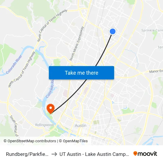 Rundberg/Parkfield to UT Austin - Lake Austin Campus map