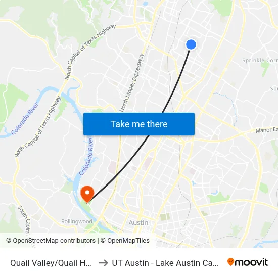 Quail Valley/Quail Hutch to UT Austin - Lake Austin Campus map